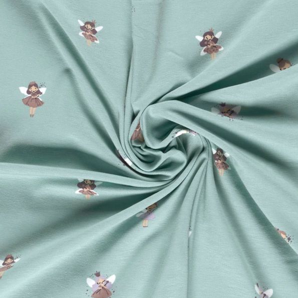 Tissu Jersey Coton imprimé Petites fées sur fond Bleu ciel - Par 10 cm
