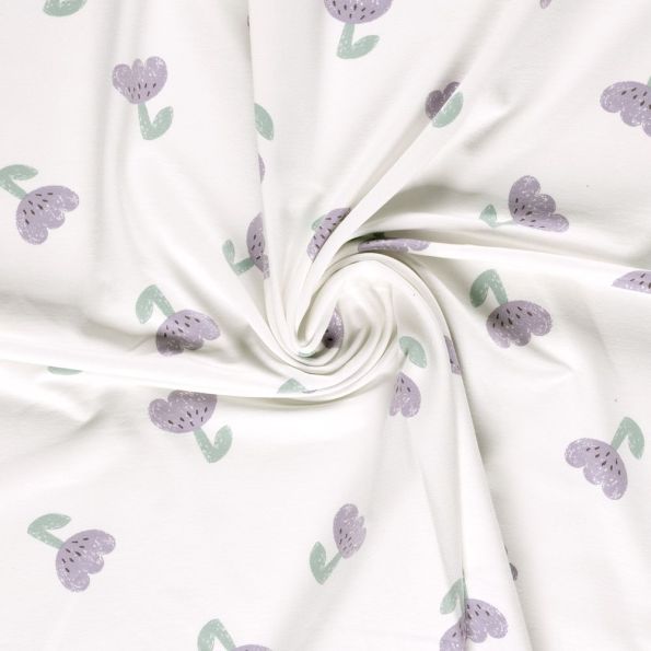 Tissu Sweat léger French Terry Fleurs parme sur fond Blanc cassé - Par 10 cm