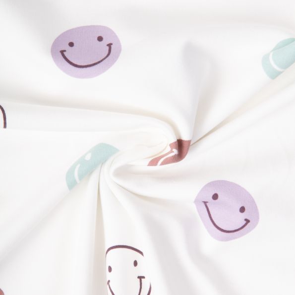 Tissu Sweat léger French Terry Smileys sur fond Blanc cassé - Par 10 cm