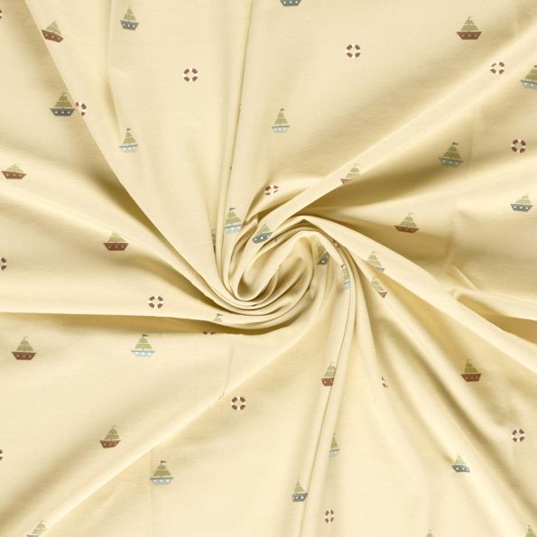 Tissu Jersey Coton imprimé Petits bateaux sur fond Beige - Par 10 cm