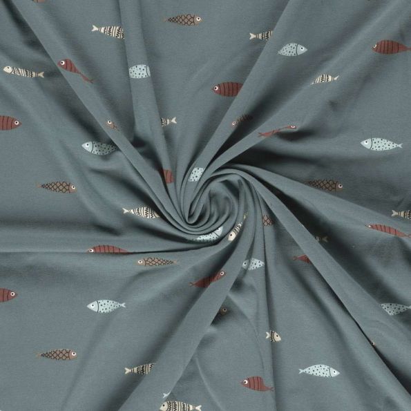 Tissu Jersey Coton imprimé Sardines sur fond Bleu ardoise - Par 10 cm