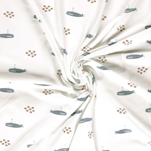 Tissu Jersey Coton imprimé Nino poissons et sous marins sur fond Ecru - Par 10 cm