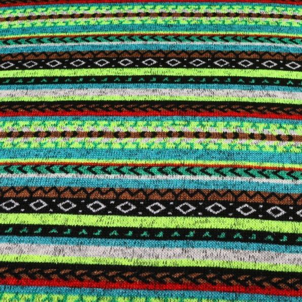 Tissu Maille pull Envers Polaire Rayures et motifs ethniques sur fond Vert - Par 10 cm