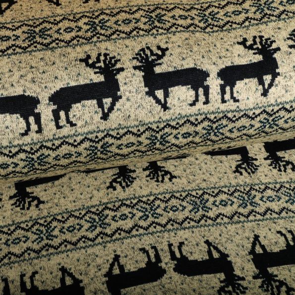 Tissu Pull tout doux Noël Rennes Marine - Par 10 cm