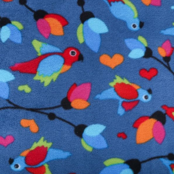 Tissu Polaire Oiseaux Multicolore sur fond Bleuet - Par 10 cm
