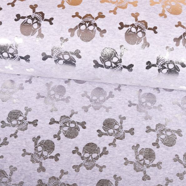 Tissu Sweat envers minky Gris chiné Skull Argent - Par 10 cm