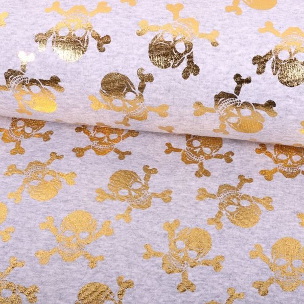 Tissu Sweat envers minky Skull Or sur fond Gris chiné - Par 10 cm