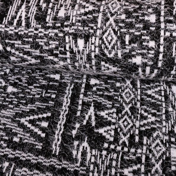 Tissu Maille Pull Aztèques poils Blanc sur fond Noir - Par 10 cm
