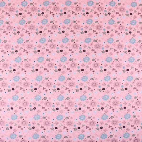 Tissu Jersey Coton Fleuris Menthe sur fond Rose bébé - Par 10 cm