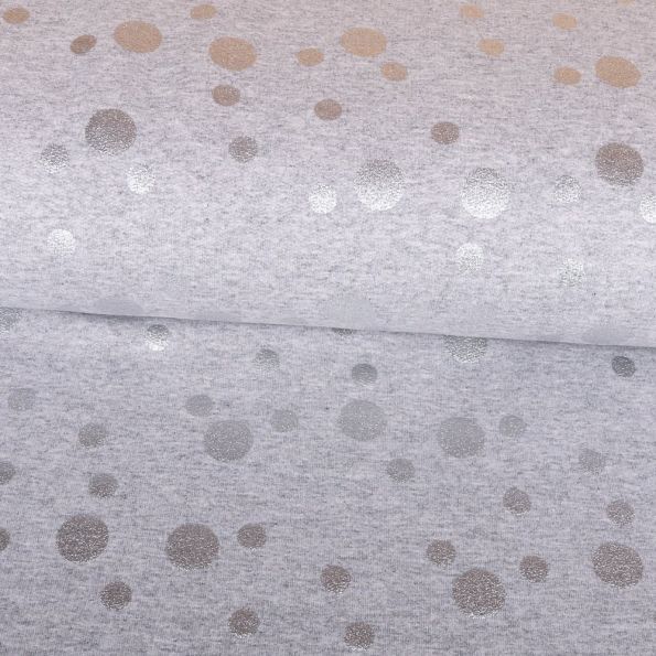 Tissu Jersey Jogging Pois Argentées sur fond Gris clair - Par 10 cm