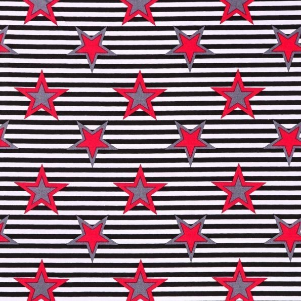 Tissu Coton Etoiles Rouges et grises sur fond Rayé noir et blanc - Par 10 cm