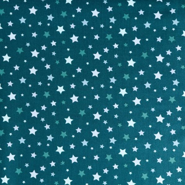 Tissu Coton Etoiles Vert d'eau et grises sur fond Vert - Par 10 cm