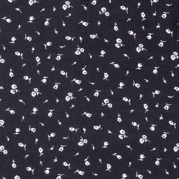 Tissu Viscose Imprimé Roses Blanches sur fond Bleu Marine - Par 10 cm