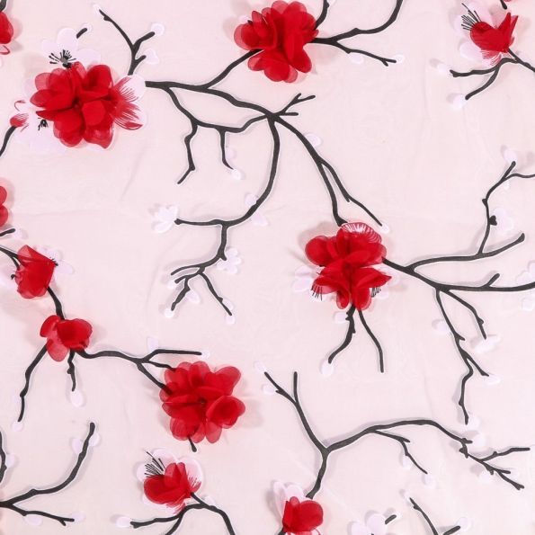 Tissu Organza Fleurs 3D rouges sur fond Blanc - Par 10 cm