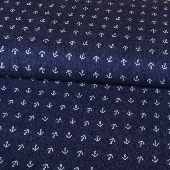 Tissu Chambray Ancres Blanches sur fond Bleu jean foncé - Par 10 cm