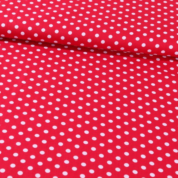 Tissu Coton Imprimé Pois 8 mm Blancs sur fond Rouge - Par 10 cm