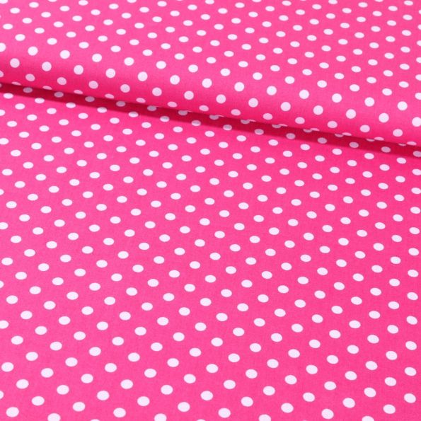 Tissu Coton Imprimé Pois 8 mm Blancs sur fond Fushia - Par 10 cm