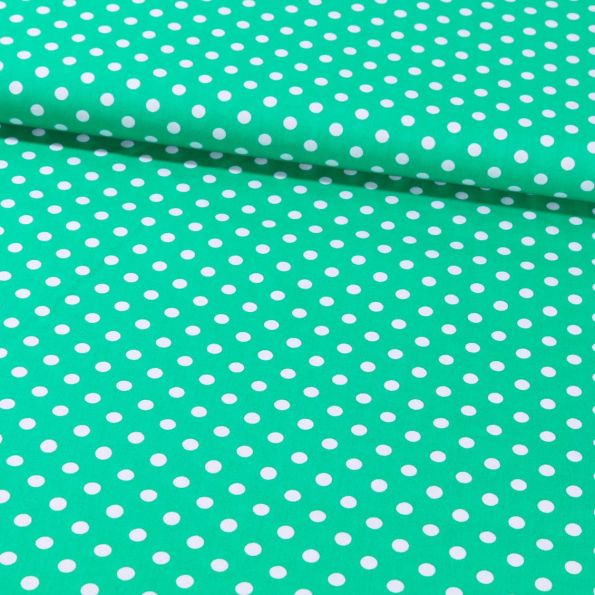 Tissu Coton Imprimé Pois 8 mm Blancs sur fond Vert - Par 10 cm