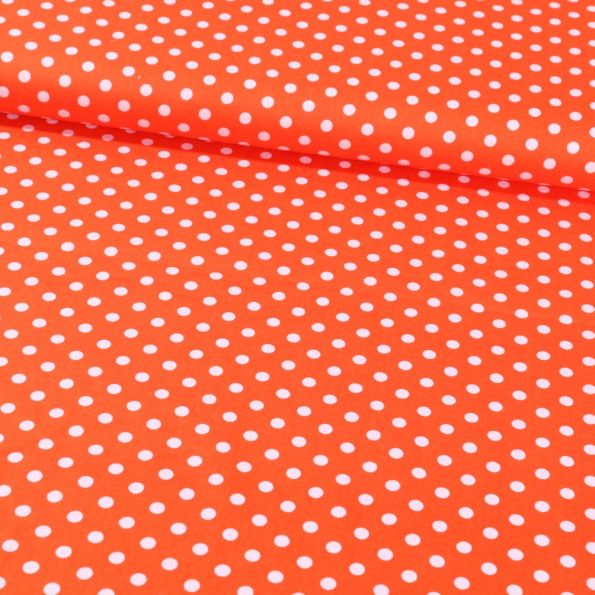 Tissu Coton Imprimé Pois 8 mm Blancs sur fond Orange - Par 10 cm