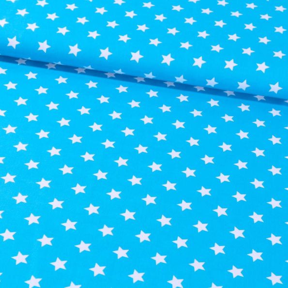 Tissu Coton Imprimé Etoiles 15 mm Blanches sur fond Bleu Turquoise - Par 10 cm