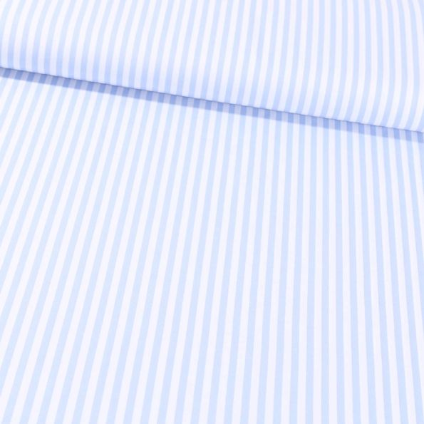 Tissu Coton Imprimé Rayures 5 mm Bleu ciel sur fond Blanc - Par 10 cm