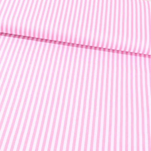 Tissu Coton Imprimé Rayures 5 mm Rose sur fond Blanc - Par 10 cm