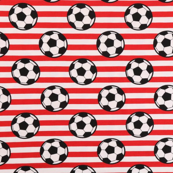 Tissu Jersey Coton Ballons de football Noirs et blancs sur fond Rouge rayé blanc - Par 10 cm