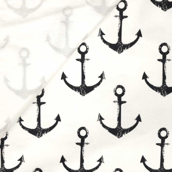 Coupon Tissu Jersey Coton Blanc Ancres bleu marine - Coupon de 20 cm