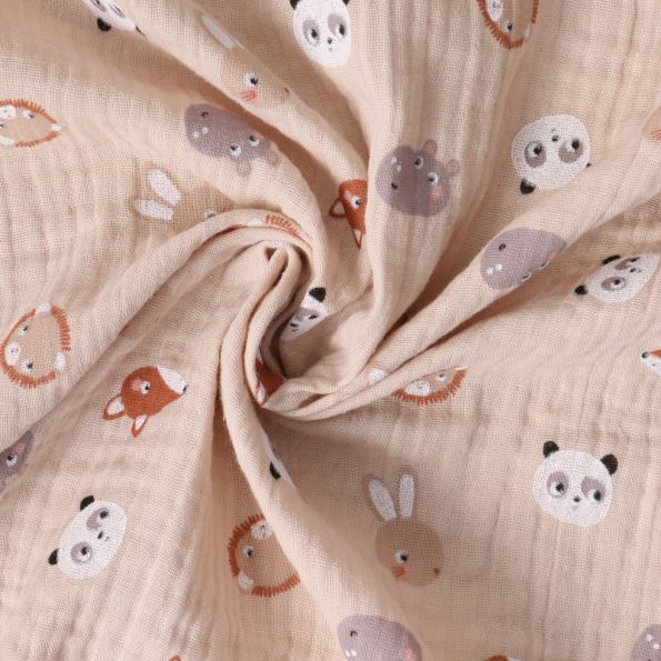 Tissu Double gaze de Coton Animaux Tendres sur fond Beige nougat - Par 10 cm