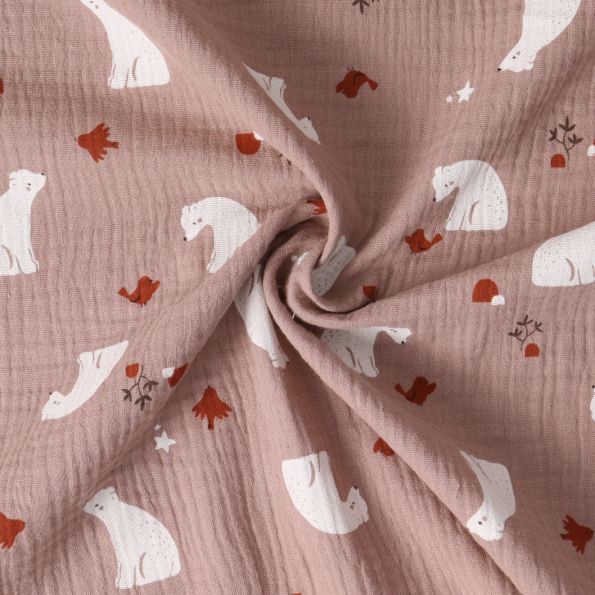 Tissu Double gaze de Coton Petit Nordique ours Blanc sur fond Vieux rose - Par 10 cm