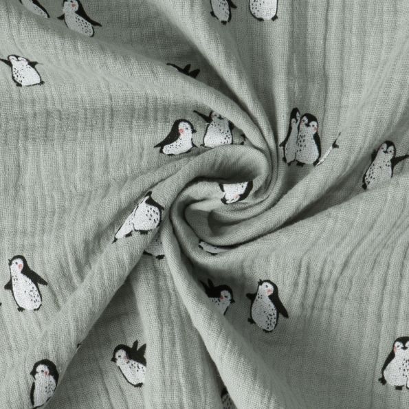 Tissu Double gaze de Coton Polaris pingouins sur fond Vert d'eau - Par 10 cm