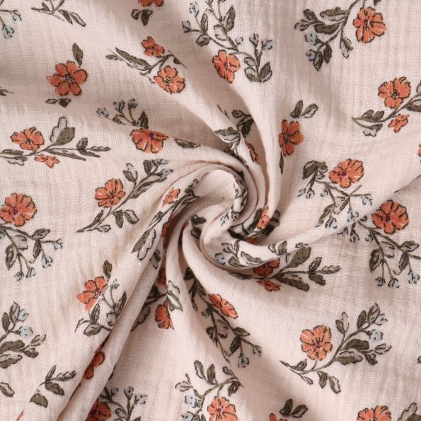 Tissu Double gaze de Coton Maëlysanne fleurs Oranges - Par 10 cm