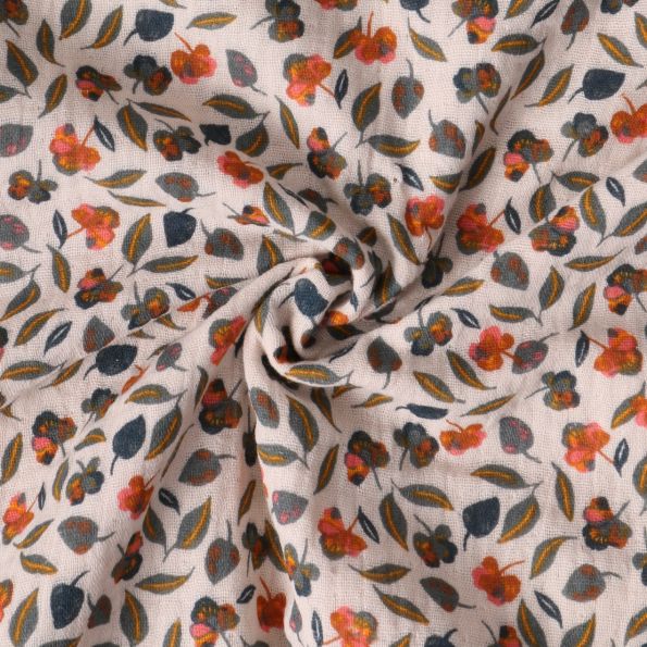 Tissu Double gaze de Coton Camélia fleurs Oranges sur fond Beige - Par 10 cm