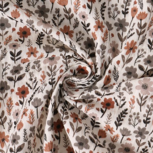 Tissu Double gaze de Coton Sibylle fleurs Rouille sur fond Blanc - Par 10 cm