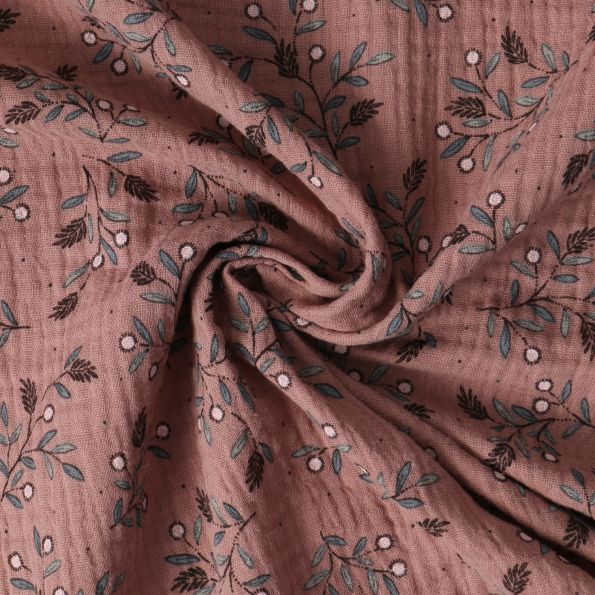Tissu Double gaze de Coton Aurélie feuillage vert sur fond Brun - Par 10 cm