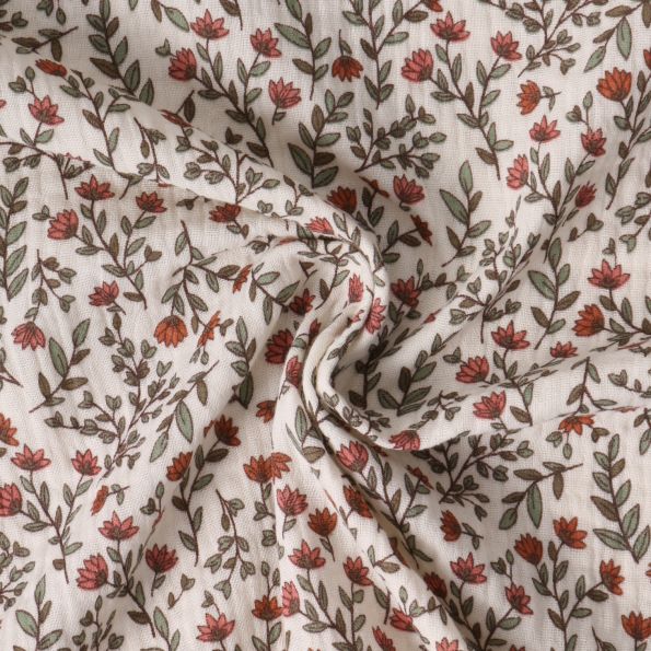 Tissu Double gaze de Coton Liorine fleurs Rouge brique sur fond Ivoire - Par 10 cm