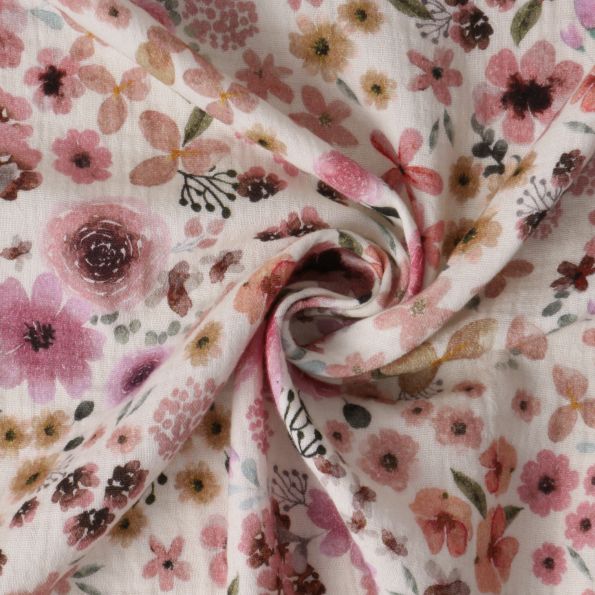 Tissu Double gaze de Coton Isolde fleurs Roses sur fond Blanc - Par 10 cm