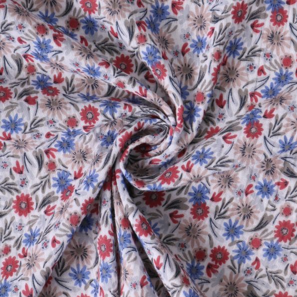 Tissu Double gaze de Coton Alméria fleurs Bleues et Rouges sur fond Blanc - Par 10 cm