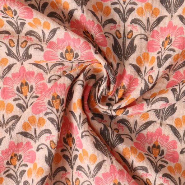 Tissu Double gaze de Coton Capucine fleurs Roses sur fond Beige - Par 10 cm