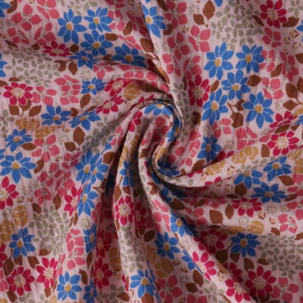 Coupon Tissu Double gaze de Coton Callista fleurs Bleues sur fond Vieux rose - Coupon de 150 cm