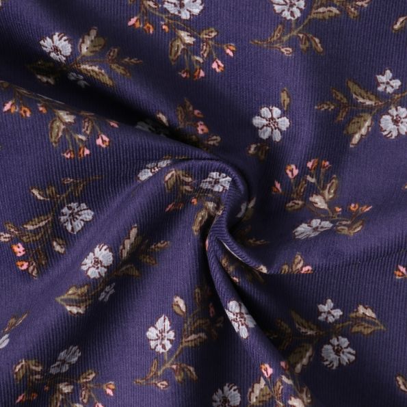 Tissu Velours Côtelé  Éléane fleurs Blanches sur fond Violet foncé - Par 10 cm