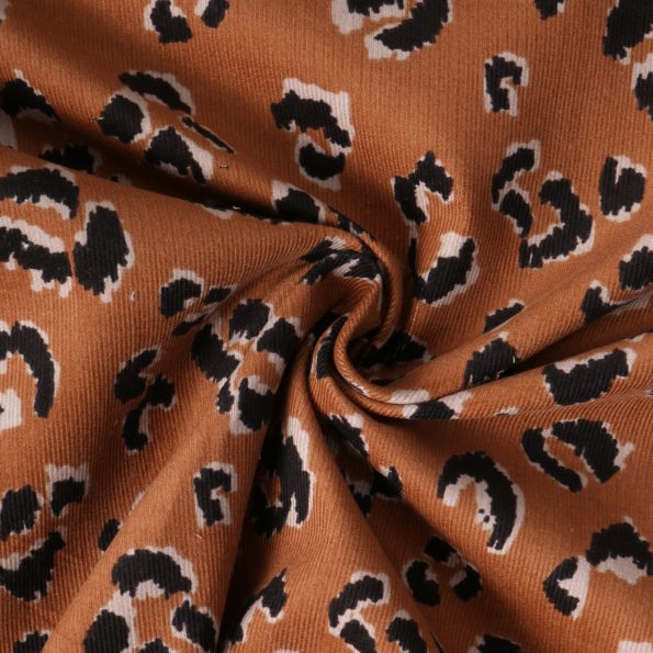 Tissu Velours Côtelé  Wild Chic léopard sur fond Camel - Par 10 cm