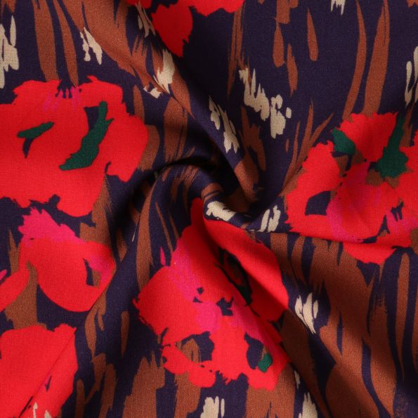 Tissu Viscose  Eulalia fleurs Rouges sur fond Bleu marine - Par 10 cm