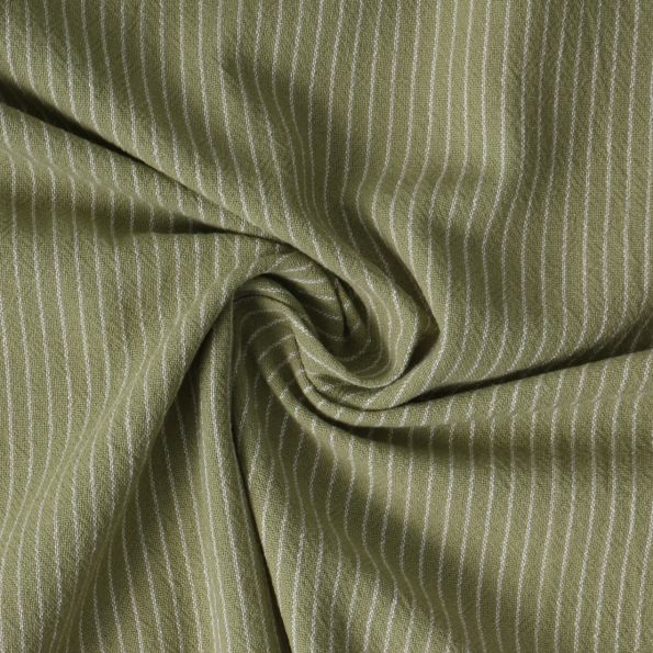 Tissu Polycoton  Hugo rayures Blanches 3mm sur fond Vert olive - Par 10 cm