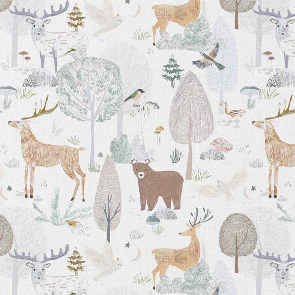 Tissu Popeline de Coton  Foret de Brocéliande sur fond Blanc - Par 10 cm