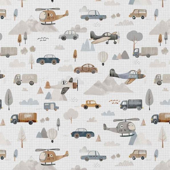 Tissu Coton imprimé Little Voyages sur fond Blanc cassé - Par 10 cm