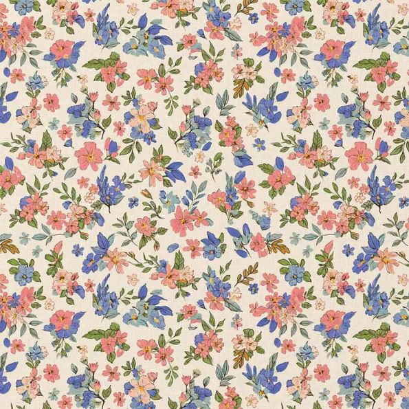 Tissu Coton imprimé Liberty Garden fleurs Roses et Bleues sur fond Ecru - Par 10 cm
