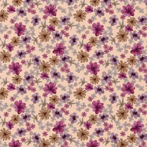 Tissu Coton imprimé Aurore fleurs Violettes sur fond Rose nude - Par 10 cm