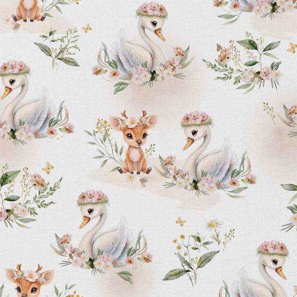 Tissu Coton imprimé Isaline  faons et cygnes sur fond Blanc cassé - Par 10 cm