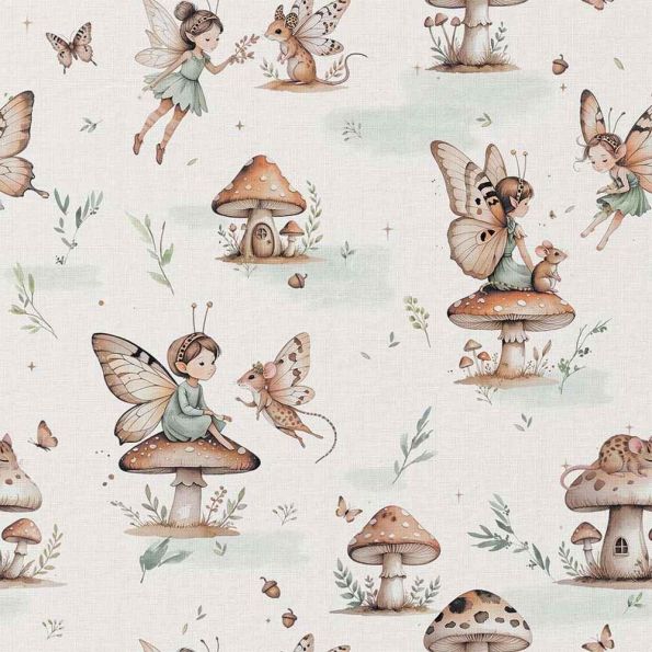 Tissu Coton imprimé Naïa fées et champignons sur fond Blanc cassé - Par 10 cm